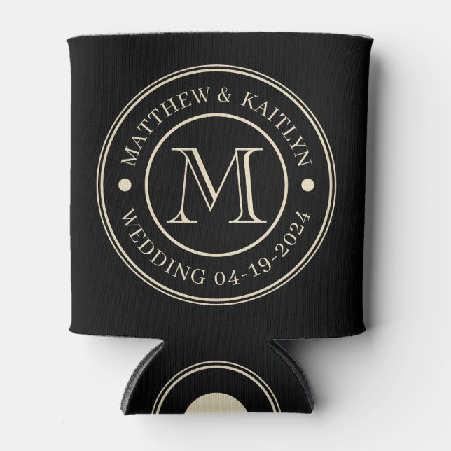 Black and Cream Wedding Monogram Can Cooler (Front)