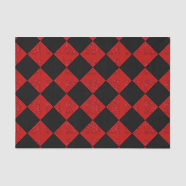 Black and crimson red diamond chequered pattern tissue paper (Front)