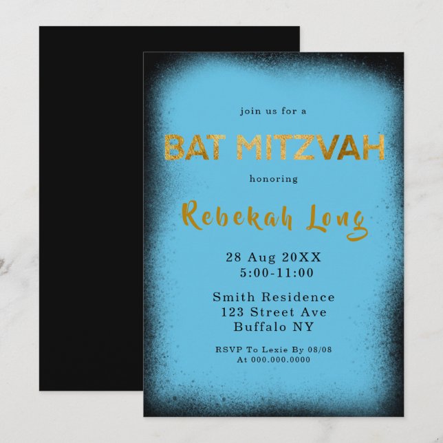 Black and Cyan Blue Smoke Bat Mitzvah Invitations (Front/Back)