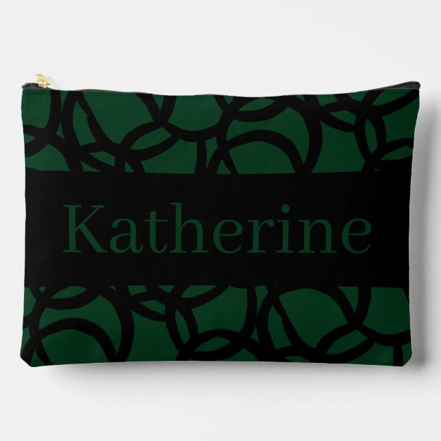 Black and Dark Green Pattern Custom Name Accessory Pouch (Front)