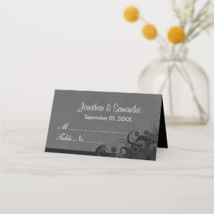 Black and Dark Grey Hibiscus Floral Folded Table Place Card
