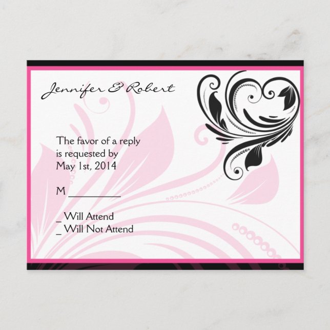 Black and Dark Pink Floral Scroll RSVP Postcard (Front)