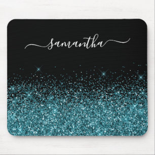 Black and Dark Teal Glitter Elegant Name Mouse Mat