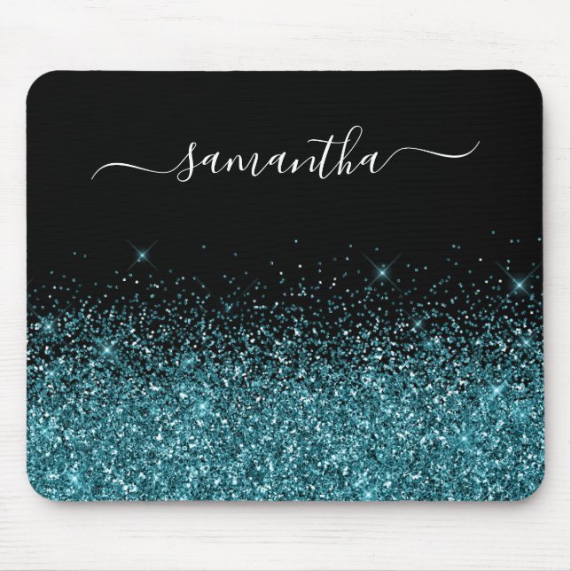 Black and Dark Teal Glitter Elegant Name Mouse Mat (Front)