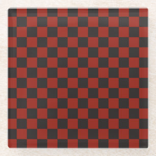 Black and Deep red checkerboard pattern Glass Coaster