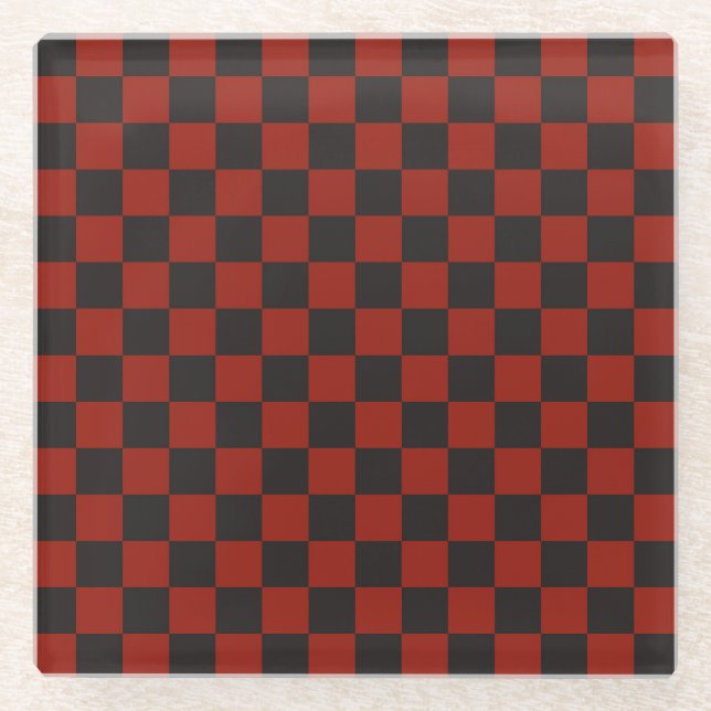 Black and Deep red checkerboard pattern Glass Coaster (Front)