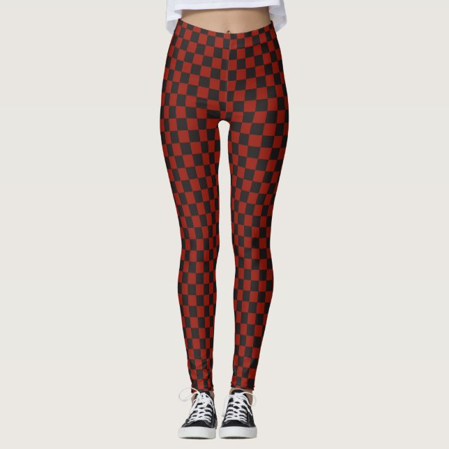 Black and Deep red checkerboard pattern Leggings (Front)