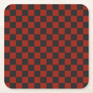 Black and Deep red checkerboard pattern Square Paper Coaster