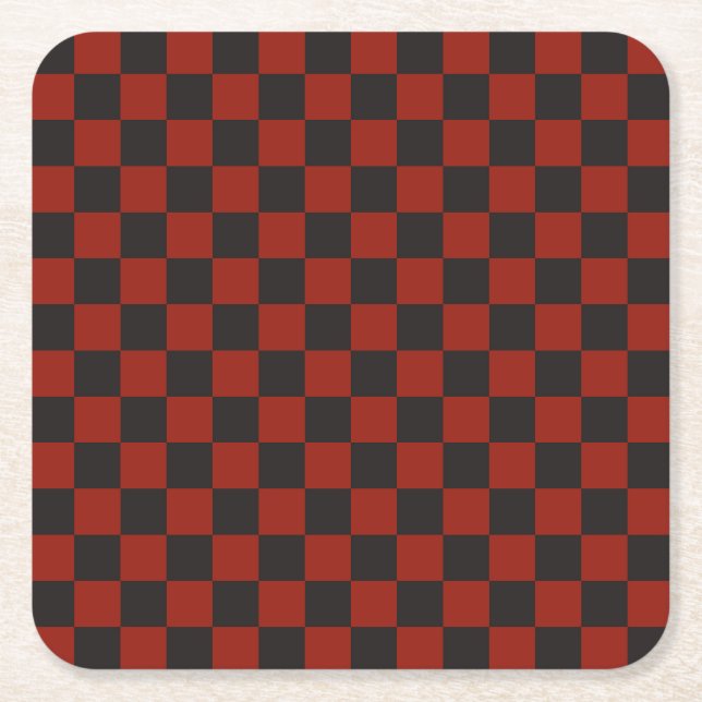 Black and Deep red checkerboard pattern Square Paper Coaster (Front)
