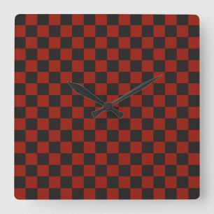 Black and Deep red checkerboard pattern Square Wall Clock