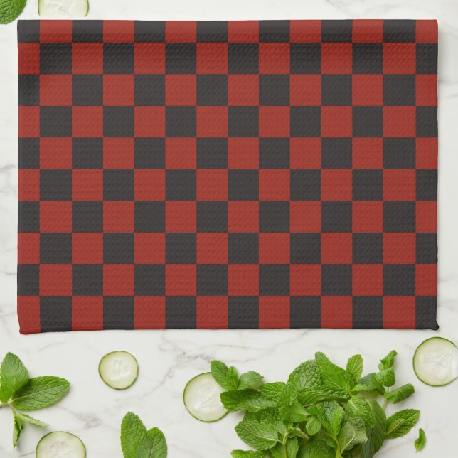 Black and Deep red checkerboard pattern Tea Towel (Folded)