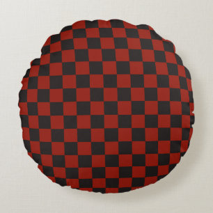 Black and Deep red chequerboard pattern Round Cushion