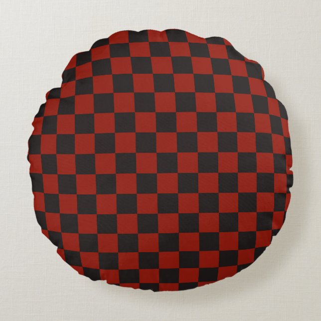 Black and Deep red chequerboard pattern Round Cushion (Front)