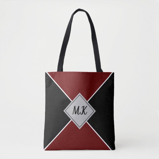 Black and Deep Red Colorblock Monogrammed Tote Bag (Front)