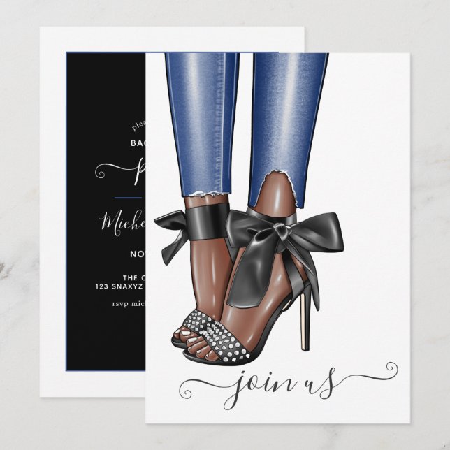 Black and Denim Fashionista Bachelorette Invitation (Front/Back)