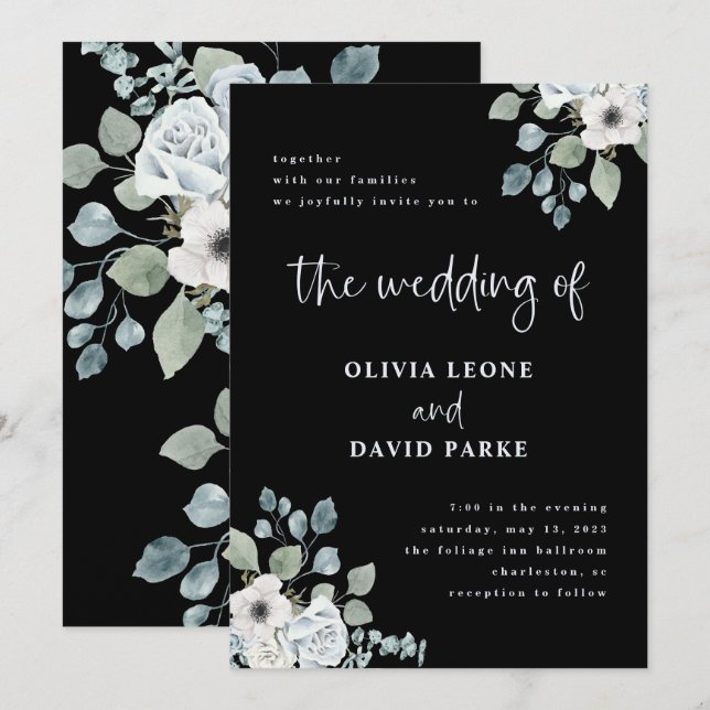 Black and Dusty Blue Floral | Watercolor Wedding Invitation (Front/Back)