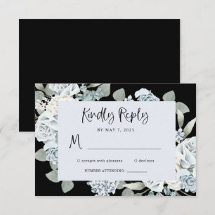 Black and Dusty Blue Floral   Watercolor Wedding RSVP Card