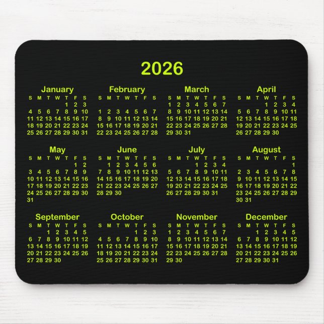 Black and Electric Lime 2026 Calendar Mouse Mat (Front)