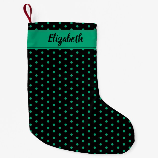 Black and Emerald Green Polka Dots Personalised Small Christmas Stocking (Front)