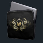 Black And Faux Glitter Girly Floral Frame Laptop Sleeve<br><div class="desc">Elegant black and gold faux glitter swirls oval frame with a crown. Customizable 3 initials monogram.</div>