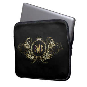 Black And Faux Glitter Girly Floral Frame Laptop Sleeve