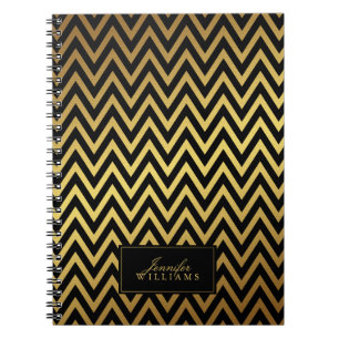 Black and Faux Gold Chevron Stripes Personalised Notebook
