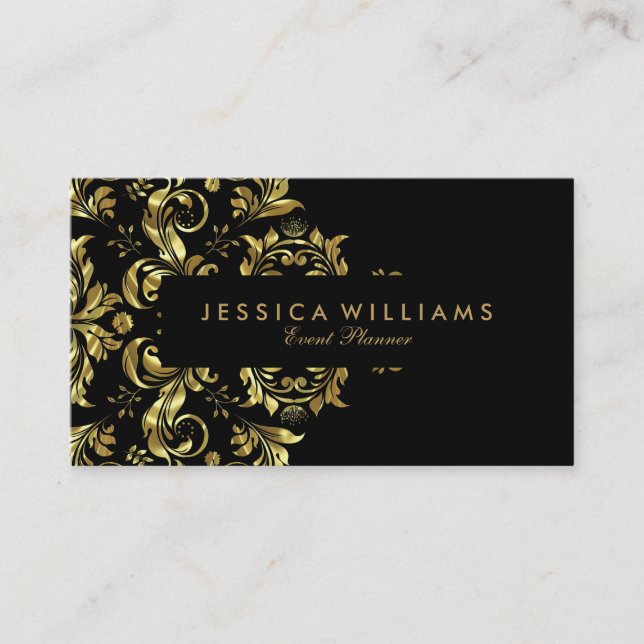 Black And Faux Gold Floral Lace Business Card (Front)