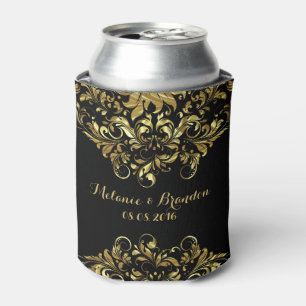 Black And Faux Gold Floral Lace Can Cooler