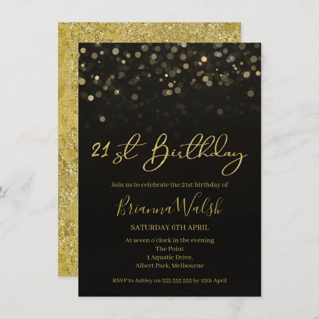 Black And Faux Gold Foil 21st Birthday Invitation (Front/Back)