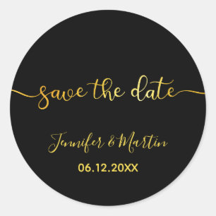 Black and Faux Gold Foil Ombre Save the Date Classic Round Sticker