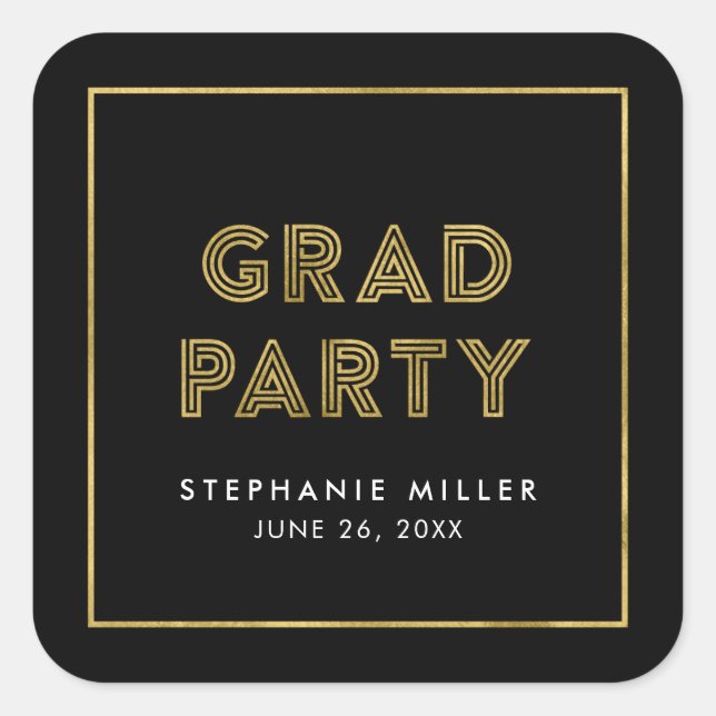 Black and Faux Gold Geometric Grad Party Square Sticker (Front)