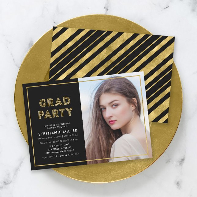 Black and Faux Gold Geometric Photo Grad Party Invitation (Creator Uploaded)