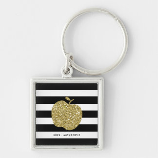 Black and Faux Gold Glitter Apple Teacher Keychain