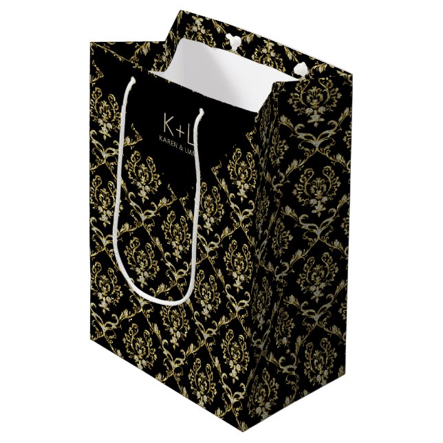 Black And Faux Gold Glitter Floral Damasks Medium Gift Bag (Front Angled)