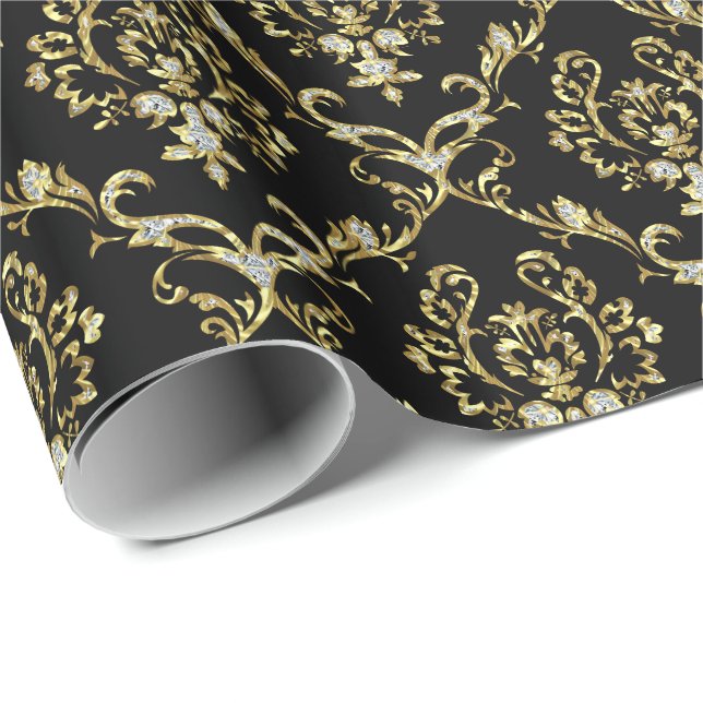 Black And Faux Gold Glitter Floral Damasks Wrapping Paper (Roll Corner)