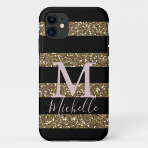 Black and Faux Gold Glitter Stripes with Monogram iPhone 11 Case