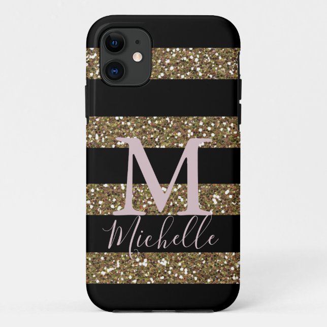 Black and Faux Gold Glitter Stripes with Monogram Case-Mate iPhone Case (Back)