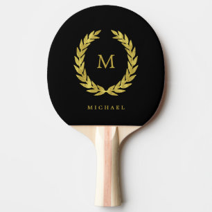 Black and Faux Gold Laurel Wreath with Monogram Ping Pong Paddle