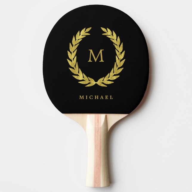 Black and Faux Gold Laurel Wreath with Monogram Ping Pong Paddle (Front)