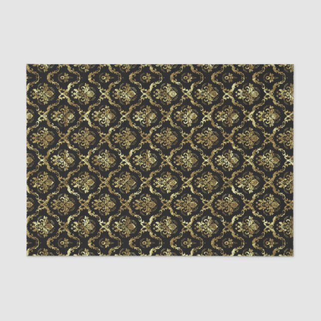 Black And Faux Gold Shiny Floral Damasks  Tissue Paper (Front)