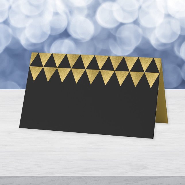 Black and Faux Gold Triangle Geometric Pattern Place Card (Creator Uploaded)