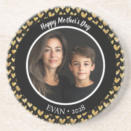 Black And Faux Golden Foil Hearts Mother's Day Coaster