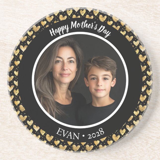 Black And Faux Golden Foil Hearts Mother's Day Coaster (Front)