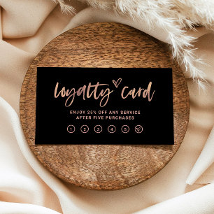 Black and Faux Rose Gold   Casual Script and Heart Loyalty Card