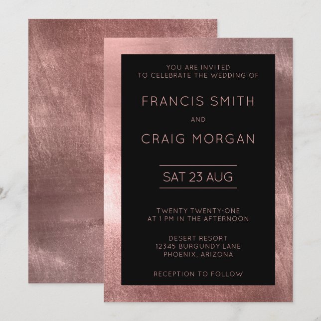 Black and Faux Rose Gold Foil Modern Wedding Invitation (Front/Back)