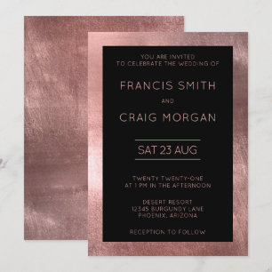 Black and Faux Rose Gold Foil Modern Wedding Invitation