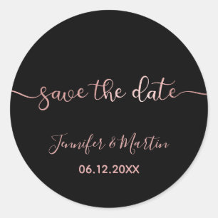 Black and Faux Rose Gold Foil Ombre Save the Date Classic Round Sticker