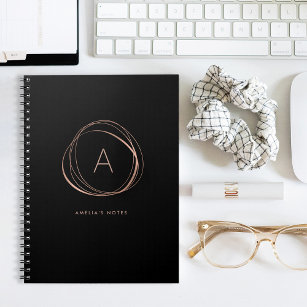 Black and Faux Rose Gold Monogram Notebook