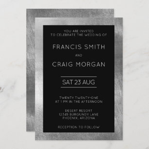 Black and Faux Silver Foil Modern Wedding Invitation