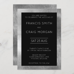 Black and Faux Silver Foil Modern Wedding Invitation